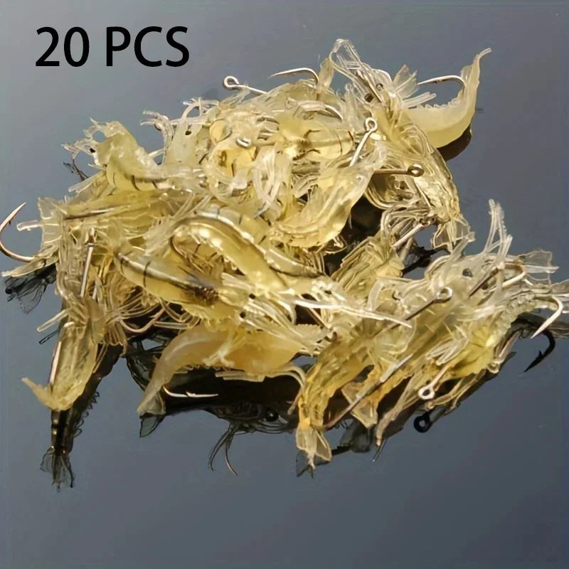 5/10/20 pçs goture camarão iscas de pesca de camarão macio para água doce água salgada luminosa camarão isca conjunto com gancho afiado grânulo
