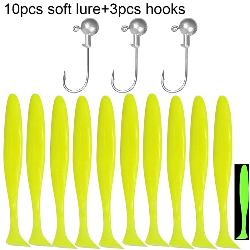 10 pçs isca macia 5.5cm 7cm 10cm t cauda worm 3 pçs jigging cabeça gancho 3g 5g 10g metal gabarito carpa pesca swimbait engrenagem kit isca
