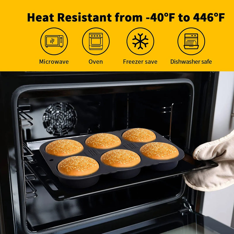 Molde de pão de hambúrguer de 6 cavidades Molde de pão reutilizável dobrável - 40 ℉   para +446 ℉   Molde de cozimento resistente ao calor para cozinha