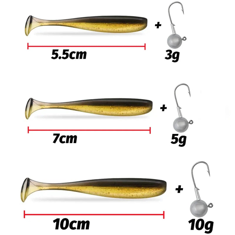 10 pçs isca macia 5.5cm 7cm 10cm t cauda worm 3 pçs jigging cabeça gancho 3g 5g 10g metal gabarito carpa pesca swimbait engrenagem kit isca