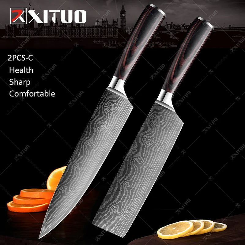 Conjunto de faca de cozinha premium afiada faca de chef japonesa faca santoku com padrão de damasco a laser cutelo de corte muito rápido 1-10 peças