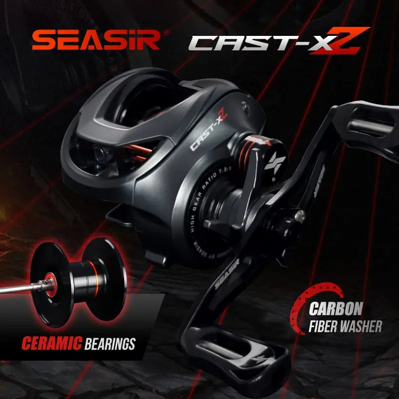 SEASIR Cast X2 Baitcasting Reel 7.3:1 Rolamento cerâmico híbrido Arruela de fibra de carbono Sistema de rolamento duplo N52 Freio Carretilhas de pesca
