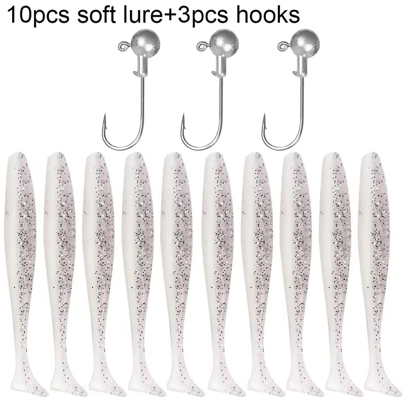 10 pçs isca macia 5.5cm 7cm 10cm t cauda worm 3 pçs jigging cabeça gancho 3g 5g 10g metal gabarito carpa pesca swimbait engrenagem kit isca