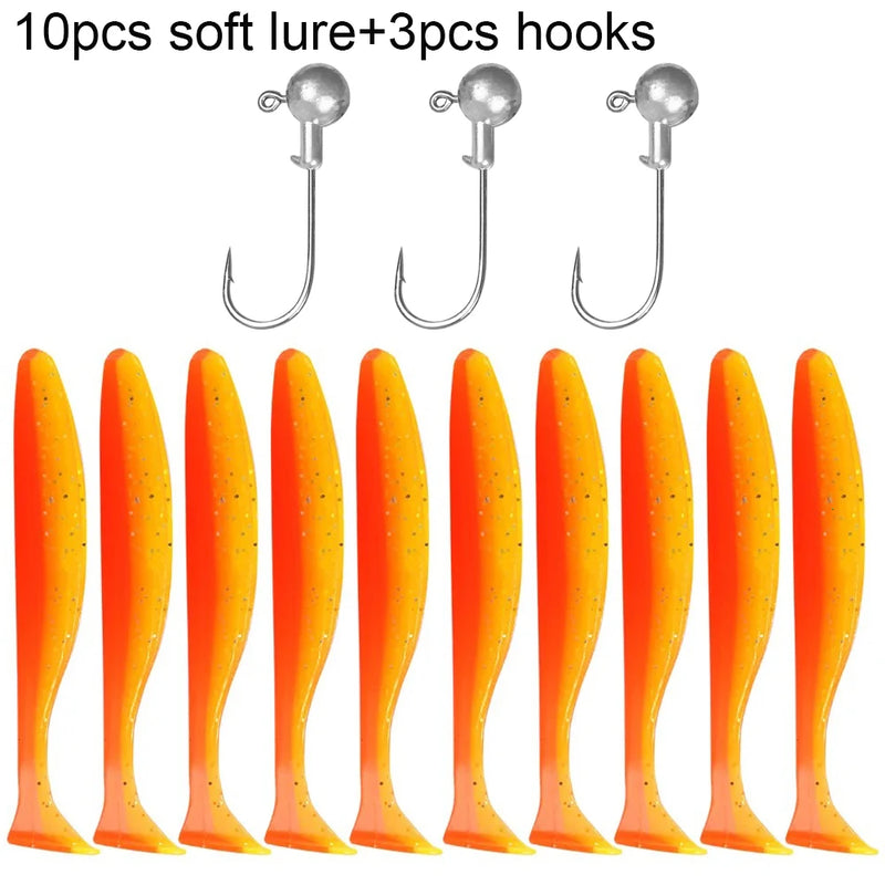 10 pçs isca macia 5.5cm 7cm 10cm t cauda worm 3 pçs jigging cabeça gancho 3g 5g 10g metal gabarito carpa pesca swimbait engrenagem kit isca