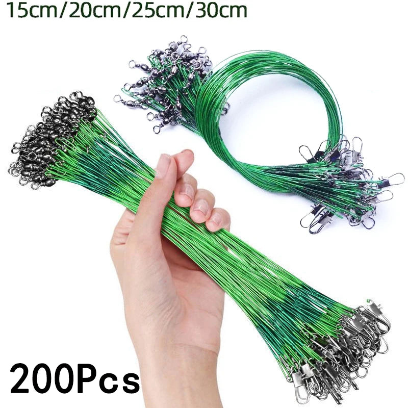 Super forte força de tração anti mordida linha de pesca de aço líder de fio de aço com snaps rotativos fio de chumbo de pesca 200/100/60/20 pces