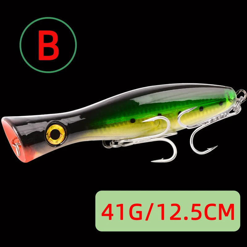 1pc 41g/83g grande popper flutuante wobbler iscas de pesca, topwater corrico artificial plástico duro isca, equipamento de pesca