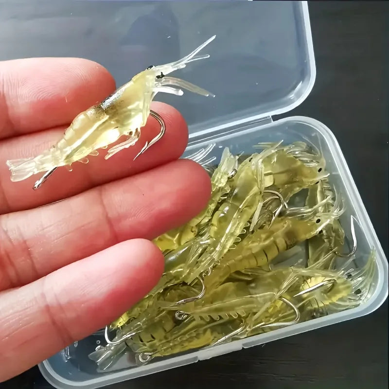 5/10/20 pçs goture camarão iscas de pesca de camarão macio para água doce água salgada luminosa camarão isca conjunto com gancho afiado grânulo
