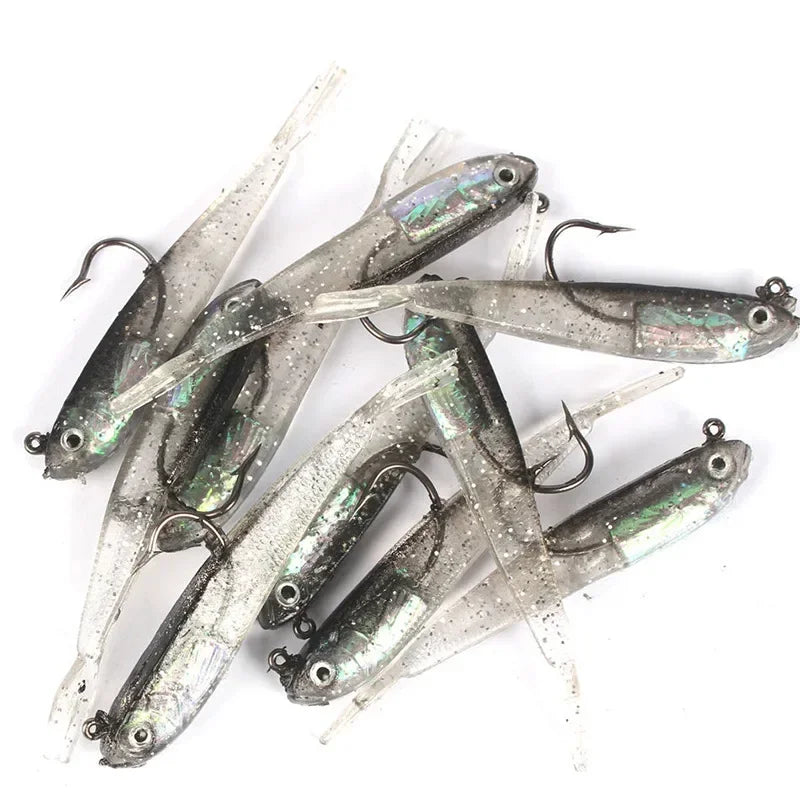 5 pçs isca macia 7cm/6g cauda dividida chumbo peixe swimbaits com ganchos silicone artificial isca de pesca para água salgada