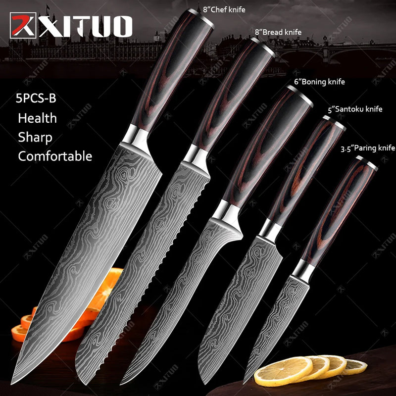 Conjunto de faca de cozinha premium afiada faca de chef japonesa faca santoku com padrão de damasco a laser cutelo de corte muito rápido 1-10 peças