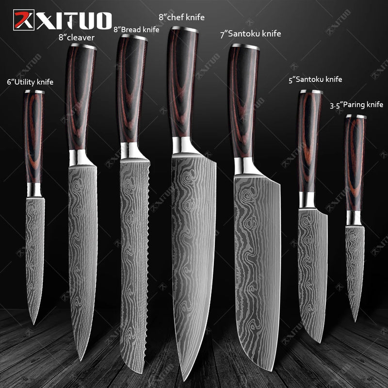 Conjunto de faca de cozinha premium afiada faca de chef japonesa faca santoku com padrão de damasco a laser cutelo de corte muito rápido 1-10 peças
