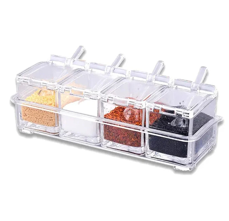 Recipiente De Armazenamento De Cristal Com Colher, Estante De Tempero, Panelas Para Pimenta Spice, Caixa Clara, Conjunto De 4