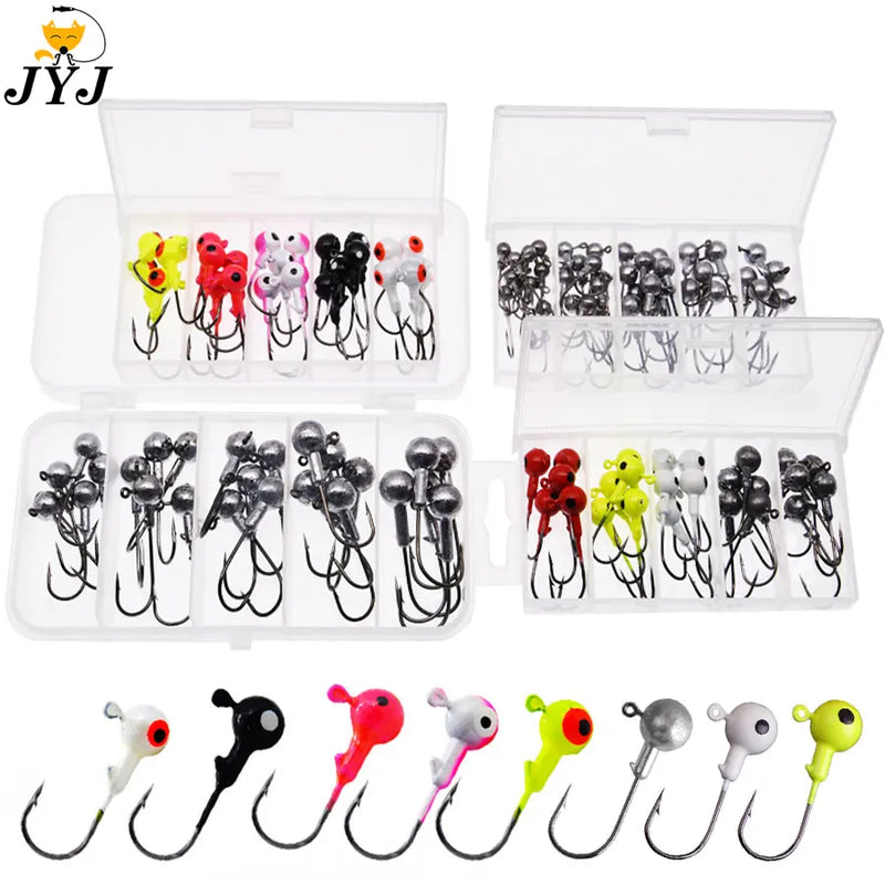 JYJ uma caixa 1g 1.5g 2g 3g 3.5g gancho de pesca gabarito gancho de cabeça redonda com cores misturadas, gancho de equipamento de pesca para iscas de minhoca macia