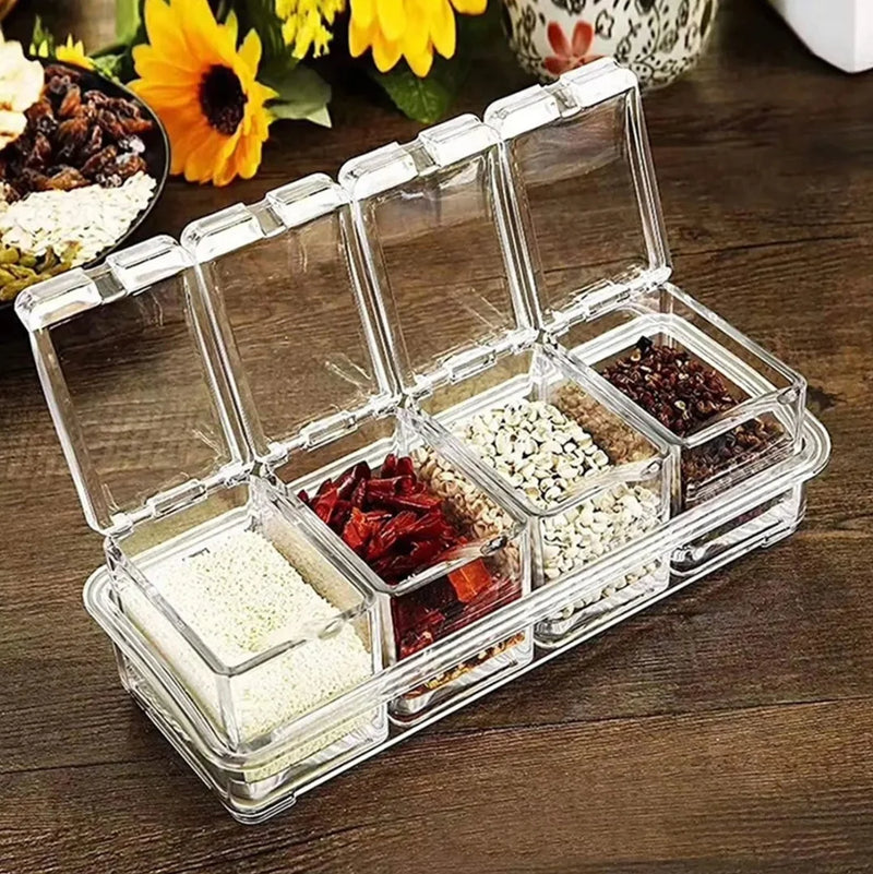 Recipiente De Armazenamento De Cristal Com Colher, Estante De Tempero, Panelas Para Pimenta Spice, Caixa Clara, Conjunto De 4