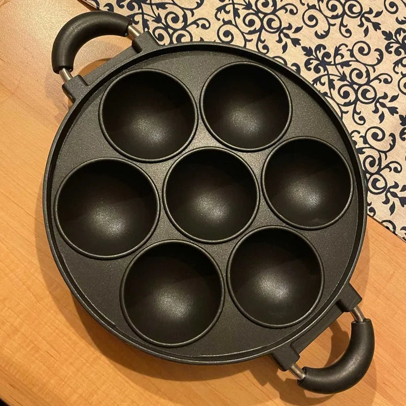 Panela de omelete de ferro fundido com 7 buracos, panela antiaderente para café da manhã, ovo, molde de bolo, panelas de cozinha