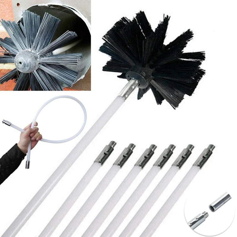 Conjunto de varredura de chaminé flexível, escova de varredura de combustão e haste, hastes de limpeza de fuligem, escova de nylon, kit de ferramentas de limpeza conveniente