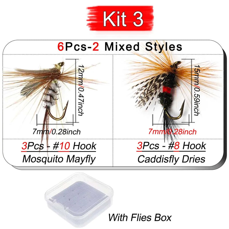 Fly pesca isca, diferentes estilos diferentes, para truta, ninfa, moscas secas, iscas de pesca, 6 pcs/box