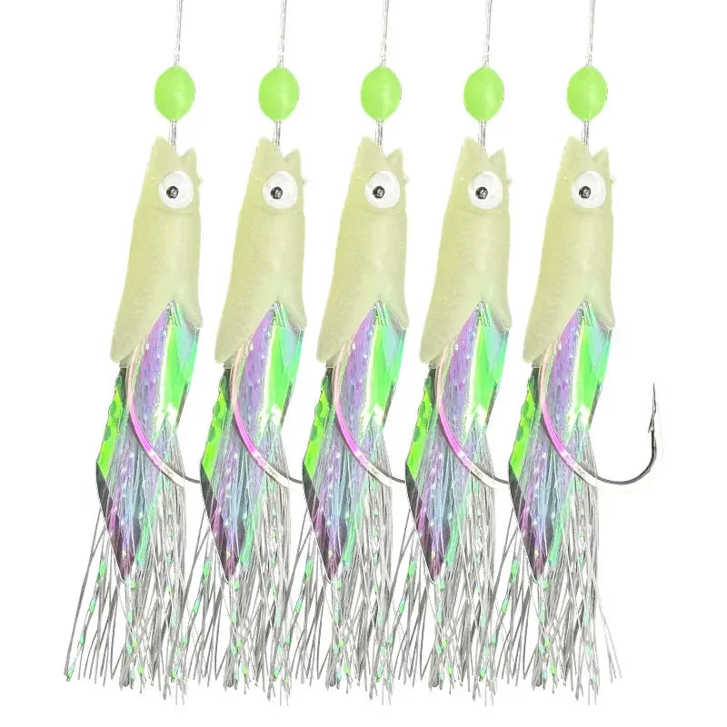 5 ganchos sabiki equipamentos de pesca de água salgada isca equipamentos pele de peixe real corda gancho cavala brilho no escuro flash sabiki equipamentos
