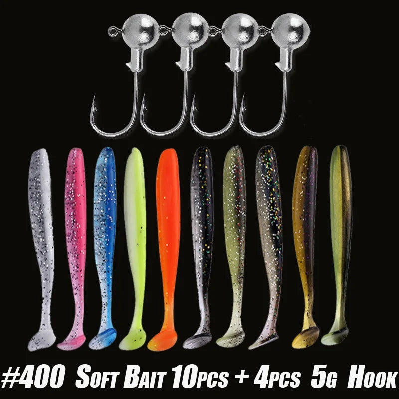 10pcs/30pcs Kit de iscas de pesca macias Conjunto de isca de silicone Verme de isca artificial com gancho de cabeça de gabarito de manivela
