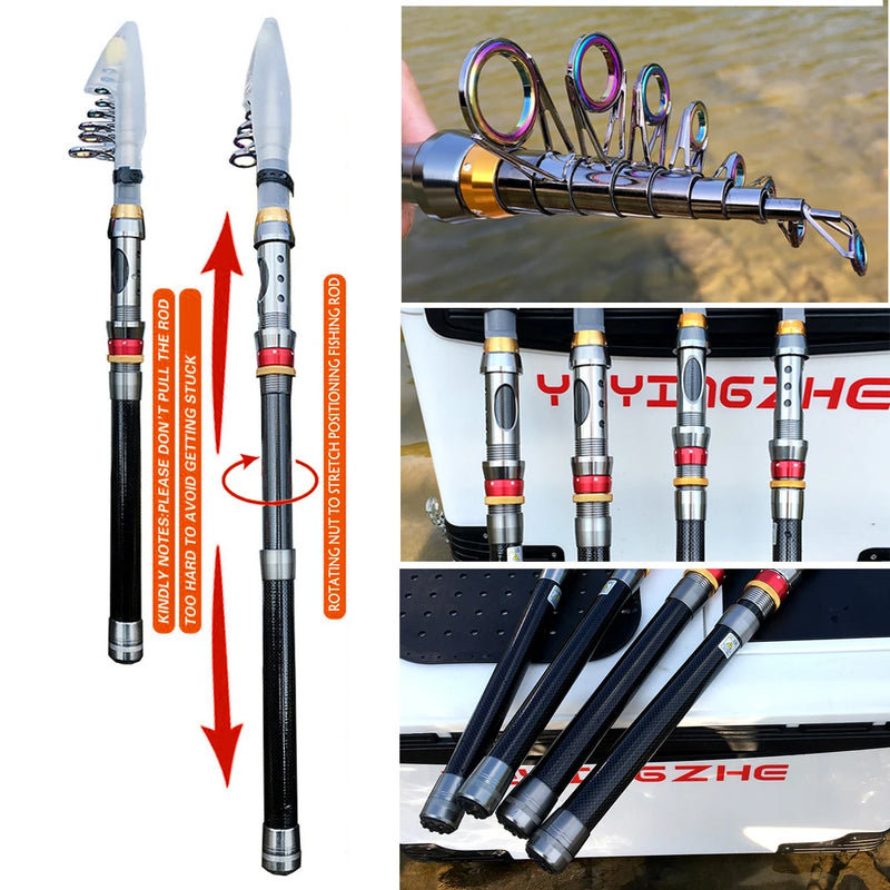 1.8-3.6m vara de pesca de fibra de carbono e carretel combo super duro telescópica pólo de pesca kit de carretel de fiação resistência máxima 3-8kg pesca