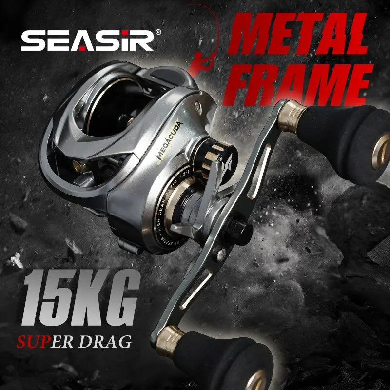 Seasir Megacuda Baitcasting Reel, Arraste 15kg, Carretel Profundo, 6.5:1 Quadro De Alumínio, Lado De Carbono, Punho Duplo, Jigging Metal Reel, Água Do Mar
