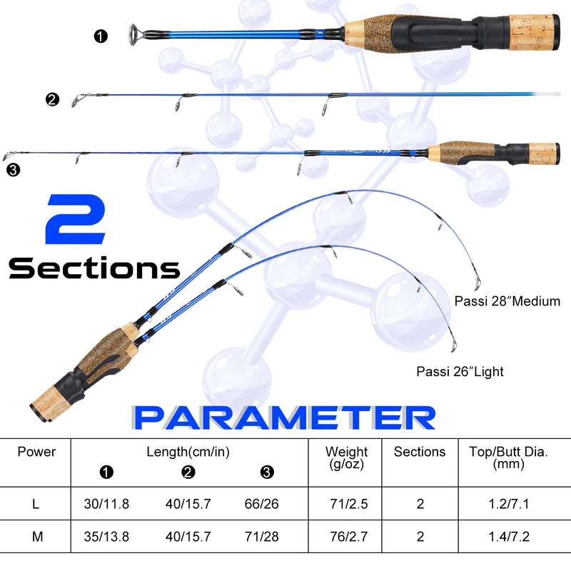 Sougayilang 63cm 71cm inverno varas de pesca no gelo 2 seções ultraleve portátil inverno vara de pesca alça de madeira varas giratórias