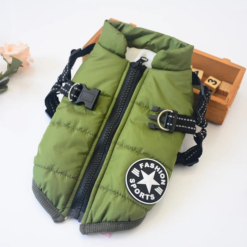 Impermeável Pet Dog Jacket com arnês, Roupas quentes de inverno para Labrador, Casaco Pequeno, Chihuahua French Bulldog Outfits