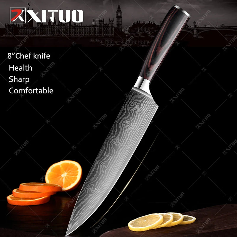 Conjunto de faca de cozinha premium afiada faca de chef japonesa faca santoku com padrão de damasco a laser cutelo de corte muito rápido 1-10 peças