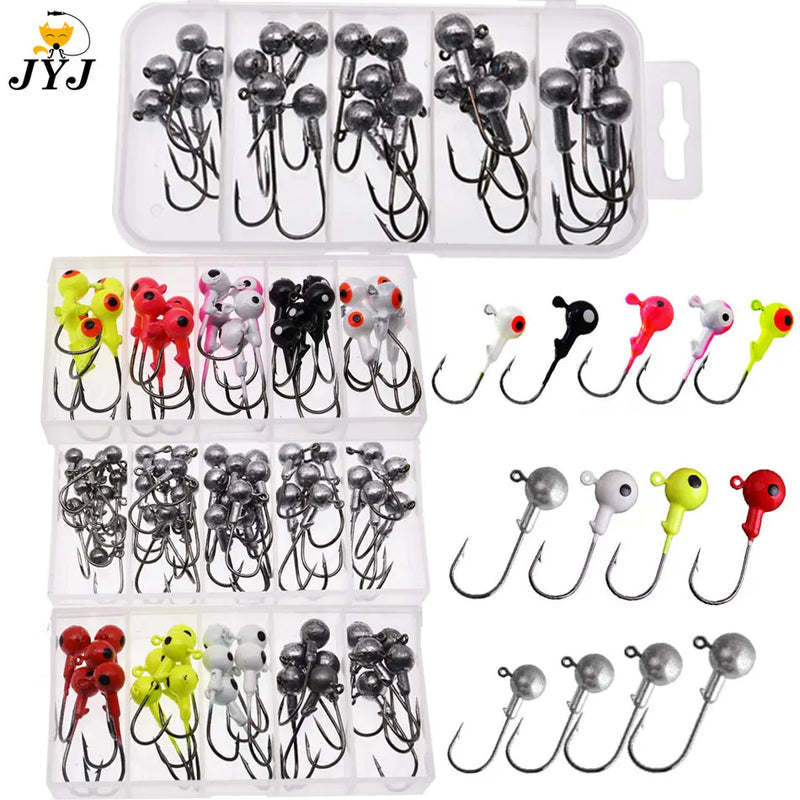 JYJ uma caixa 1g 1.5g 2g 3g 3.5g gancho de pesca gabarito gancho de cabeça redonda com cores misturadas, gancho de equipamento de pesca para iscas de minhoca macia