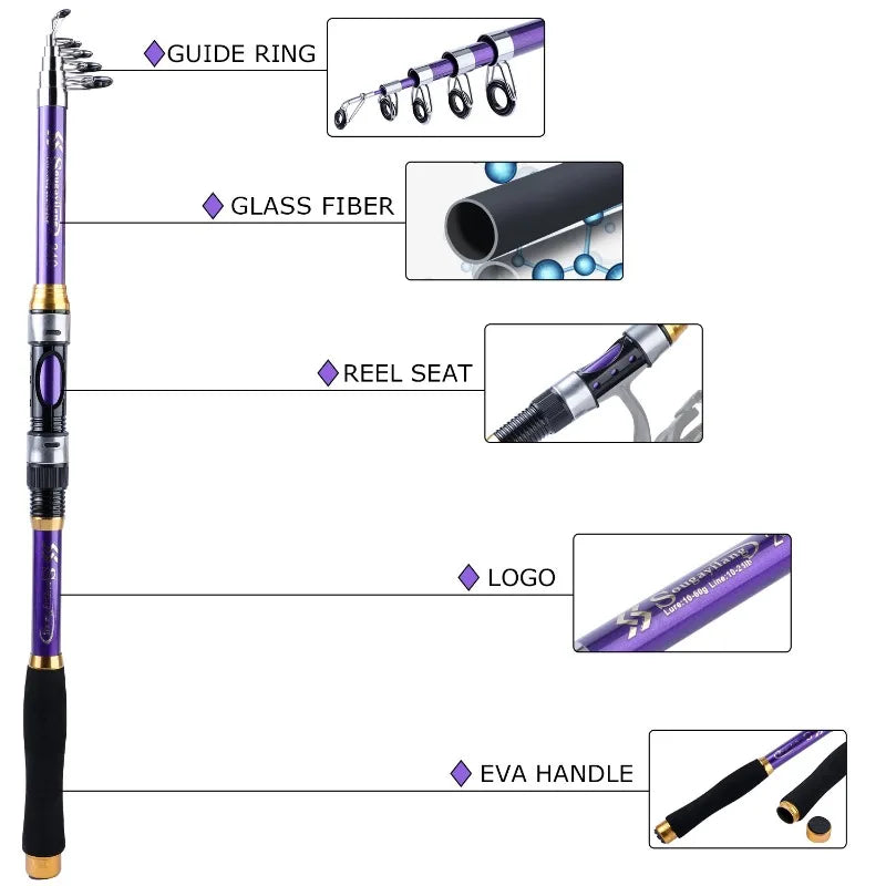 Sougayilang vara de pesca telescópica, 4 cores, 1.8m-2.7m, fibra de vidro, cabo de eva, vara giratória de carpa, vara de pesca, peso 4.5kg