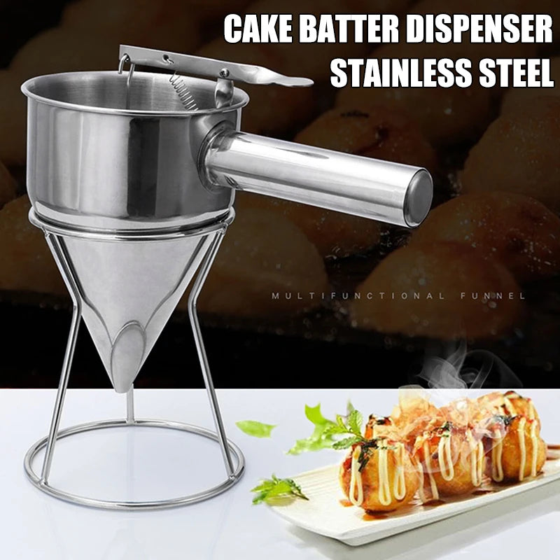 Ferramentas de cozimento takoyaki dispensador de funil de aço inoxidável com suporte polvo bolas massa padeiro ferramenta cozinha acessórios