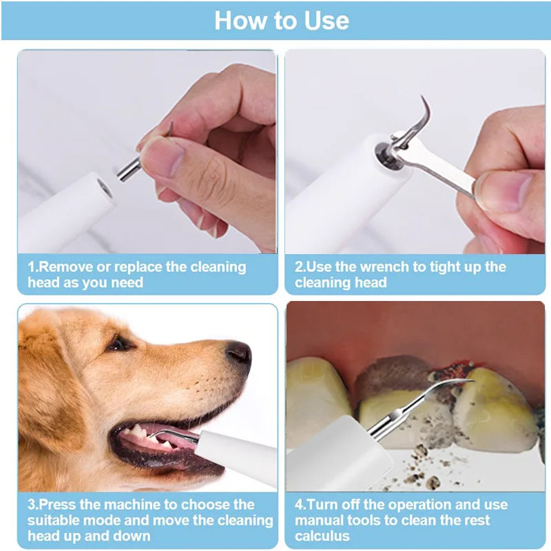 Dispositivo de cálculo de dente de cachorro, escova de dentes ultrassônica elétrica, raspador de dente de animal de estimação, ferramenta de limpeza de placa, kit de cuidados dentários para cães e gatos