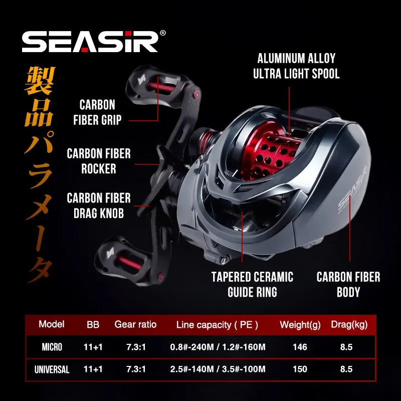 Seasir mansory carretel de pesca de arremesso 146g carbono ultraleve 11 + 1 7.3:1 hs relação híbrido rolamento cerâmico carretéis duplos água do mar