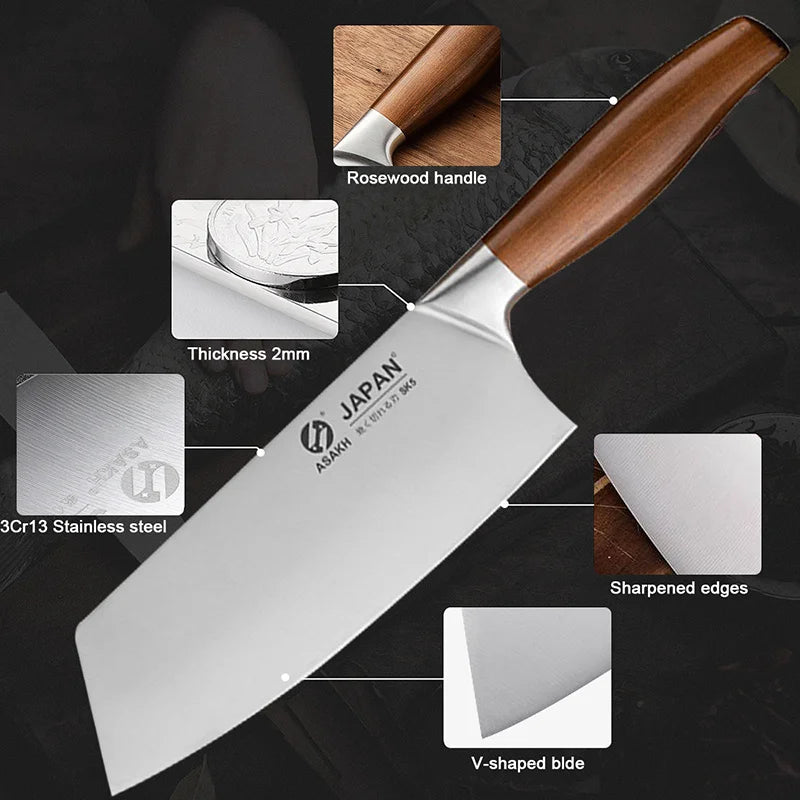 Conjunto de facas de cozinha de aço inoxidável, cutelo de corte de carne, peixe, legumes, faca de açougueiro, faca de chef japonesa com caixa de presente