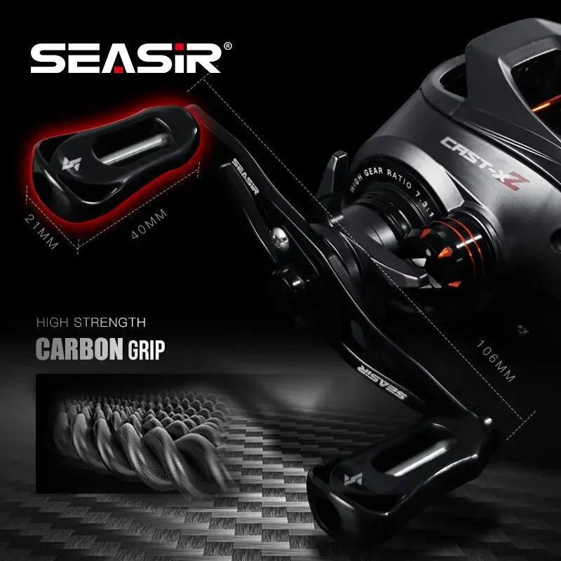 SEASIR Cast X2 Baitcasting Reel 7.3:1 Rolamento cerâmico híbrido Arruela de fibra de carbono Sistema de rolamento duplo N52 Freio Carretilhas de pesca