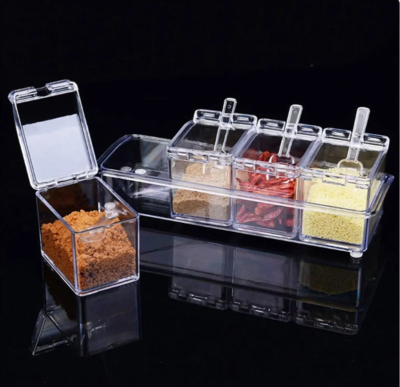 Recipiente De Armazenamento De Cristal Com Colher, Estante De Tempero, Panelas Para Pimenta Spice, Caixa Clara, Conjunto De 4
