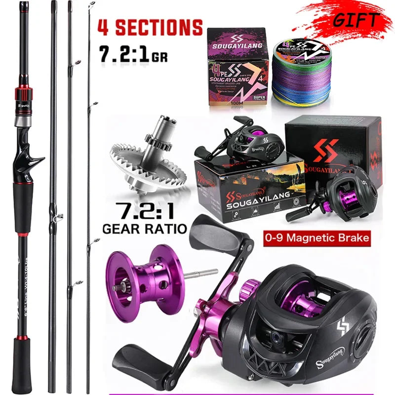 Sougayilang-Carbon Fiber Fishing Rod e Reel Combo, Baitcasting Reel, 7.2:1 Gear Ratio, Max Drag 10kg para Bass, 1.8-2.1m