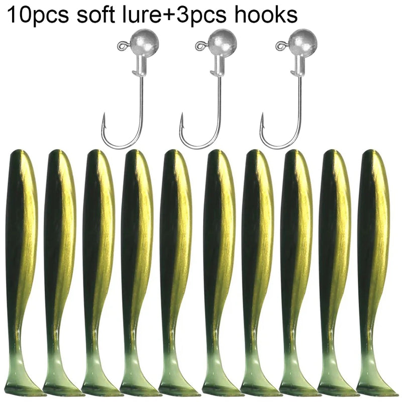 10 pçs isca macia 5.5cm 7cm 10cm t cauda worm 3 pçs jigging cabeça gancho 3g 5g 10g metal gabarito carpa pesca swimbait engrenagem kit isca