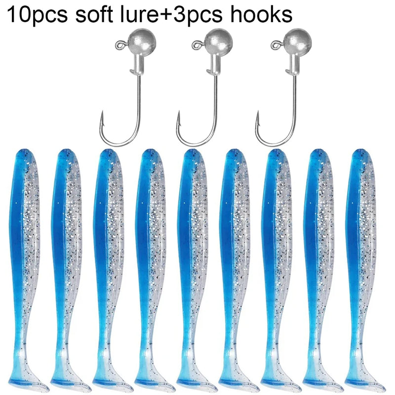 10 pçs isca macia 5.5cm 7cm 10cm t cauda worm 3 pçs jigging cabeça gancho 3g 5g 10g metal gabarito carpa pesca swimbait engrenagem kit isca