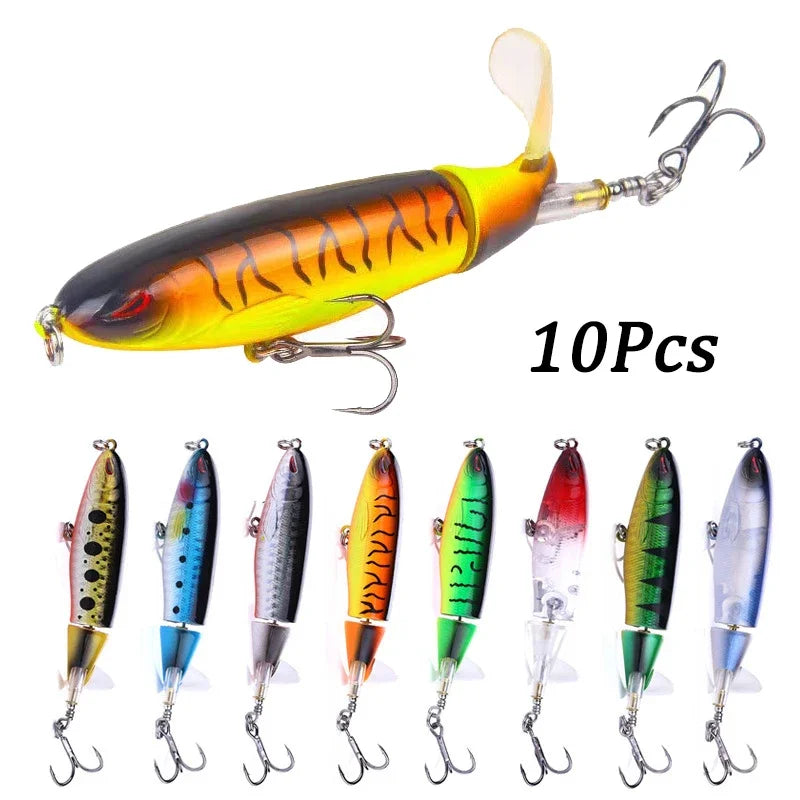 Popper conjunto de isca de pesca 11cm/14g artificial topwater isca dura rotativa wobblers enfrentar acessórios de isca de pesca 5/10 pçs pesca