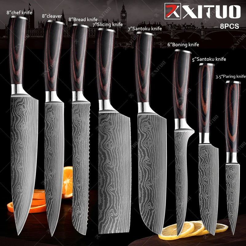 Conjunto de faca de cozinha premium afiada faca de chef japonesa faca santoku com padrão de damasco a laser cutelo de corte muito rápido 1-10 peças