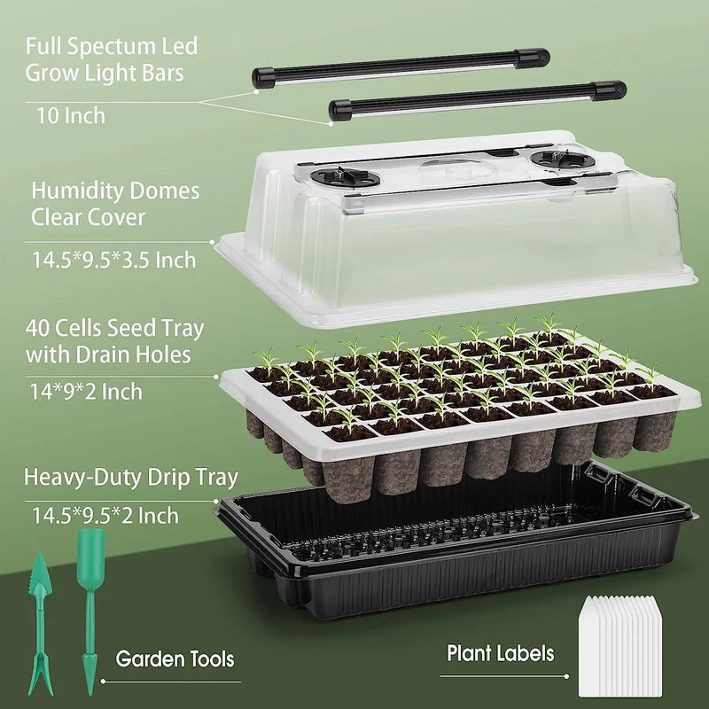 1 Conjunto, Bandejas de Início de Sementes com 2 Luzes de Crescimento em Tiras Longas, Kit de Início de Sementes com 40 Células e Domos de Umidade, Bandejas de Início de Mudas para Kit de Germinação de Sementes