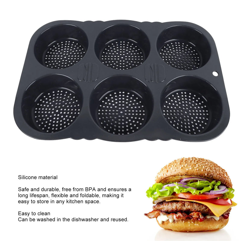 Molde de pão de hambúrguer de 6 cavidades Molde de pão reutilizável dobrável - 40 ℉   para +446 ℉   Molde de cozimento resistente ao calor para cozinha