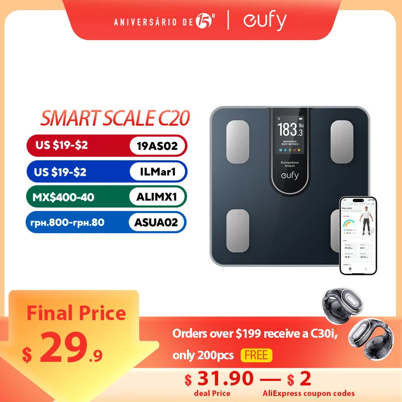 Eufy Smart Scale C20 Balança digital de gordura corporal para banheiro com tela TFT maior, display multifuncional para uso offline
