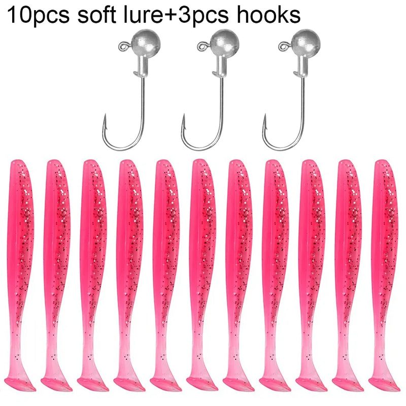 10 pçs isca macia 5.5cm 7cm 10cm t cauda worm 3 pçs jigging cabeça gancho 3g 5g 10g metal gabarito carpa pesca swimbait engrenagem kit isca