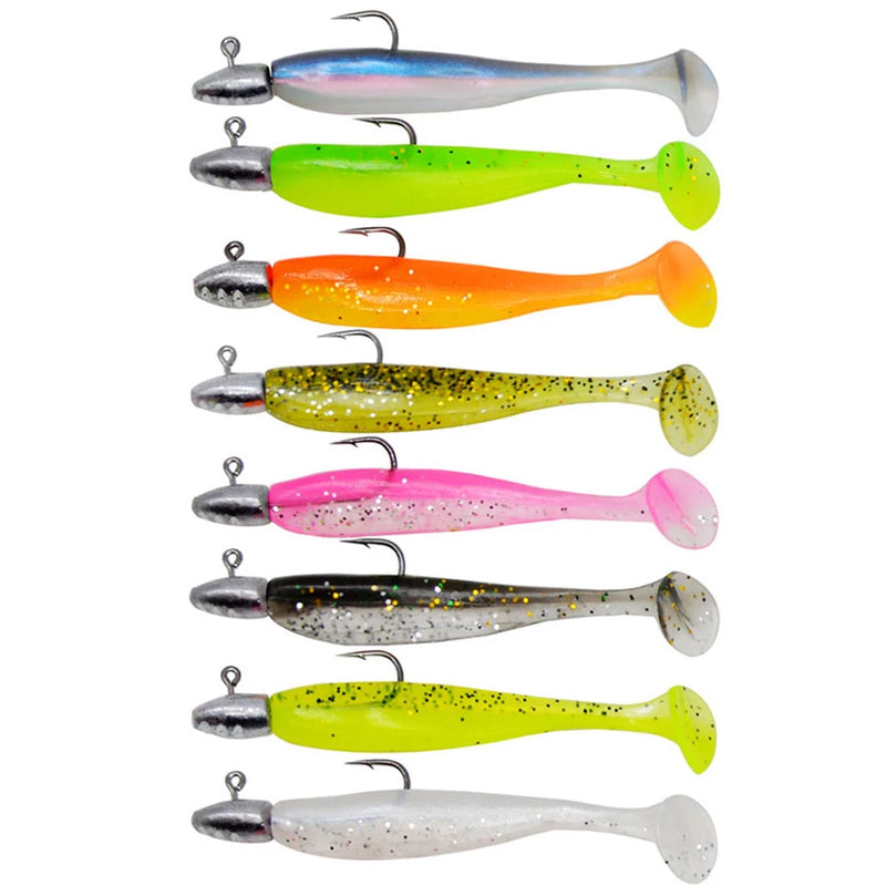 5 pçs/lote t-tail isca de pesca macia combinada com ganchos de cabeça de gabarito wobblers artificiais swimbait equipamentos de pesca para baixo pique pesca