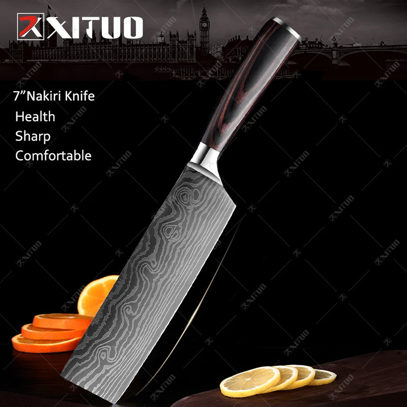 Conjunto de faca de cozinha premium afiada faca de chef japonesa faca santoku com padrão de damasco a laser cutelo de corte muito rápido 1-10 peças