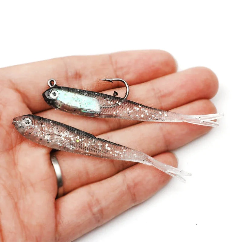 5 pçs isca macia 7cm/6g cauda dividida chumbo peixe swimbaits com ganchos silicone artificial isca de pesca para água salgada