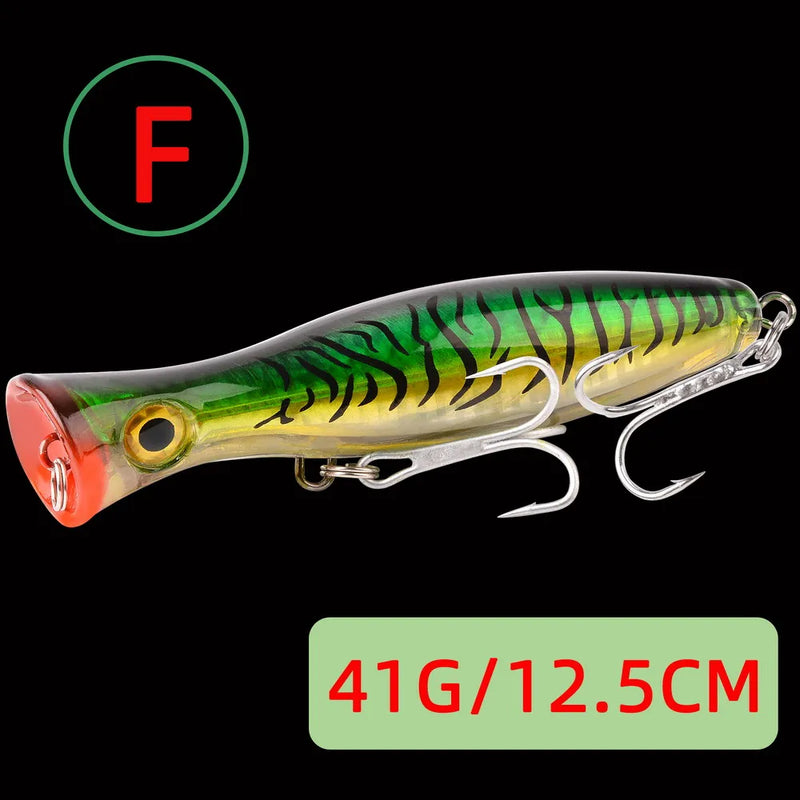 1pc 41g/83g grande popper flutuante wobbler iscas de pesca, topwater corrico artificial plástico duro isca, equipamento de pesca