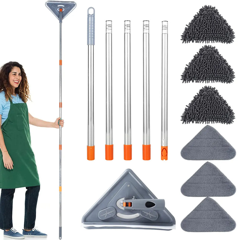 Esfregona de parede com alça longa 360 °   Esfregão de limpeza de parede de microfibra triangular giratório ajustável limpador de poeira seca e molhada para piso