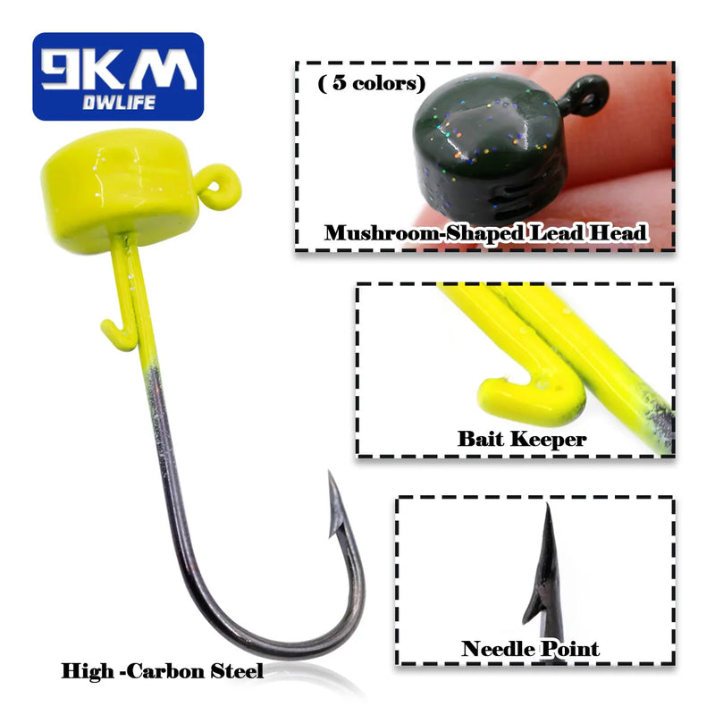 9km ned rig jighead cabeças de gabarito de pesca ganchos 5 pçs weedless em forma de cogumelo cabeça de peso para tipo de peixe baixo isca de pesca de água doce